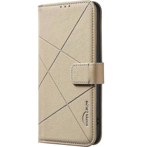 Geometrisk mønster RFID læder telefoncover (beige, til Samsung Galaxy S22 5G)