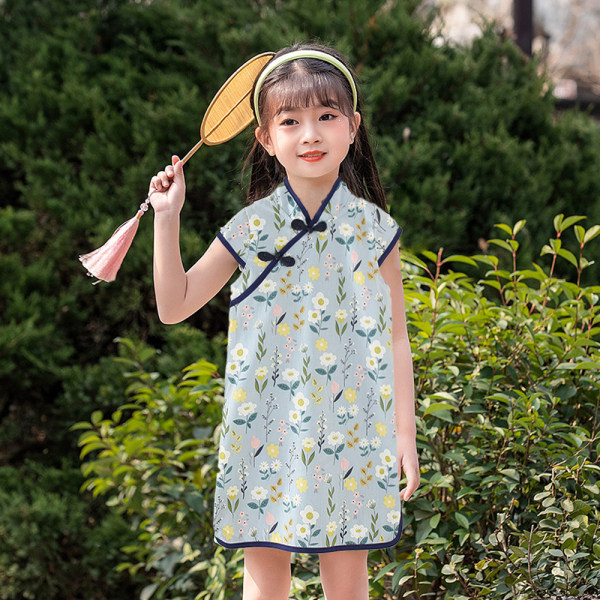 Qipao Cheongsam-klänning för flickor, blommig sommarklänning för toddler L