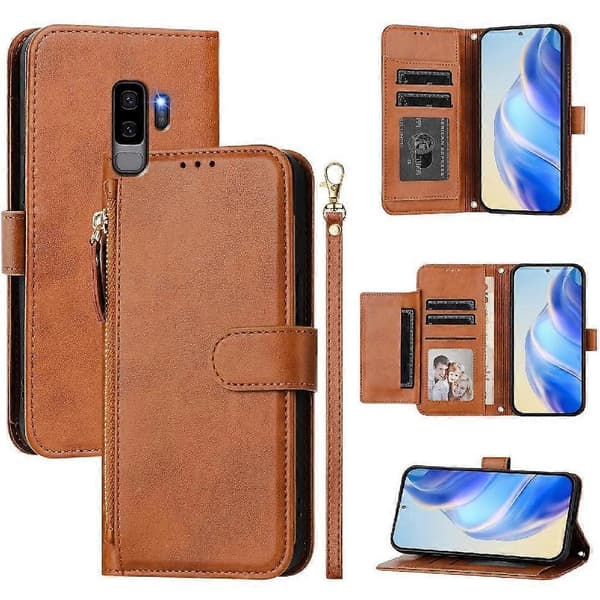 Flip-etui til Samsung Galaxy S9 Plus kortholder PU-læder magnetisk lynlåsbrun