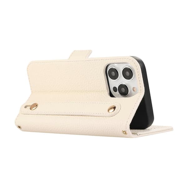 För iPhone 14 Pro läderfodral med korthållare, remmar, stötsäkert plånboksfodral - Beige A