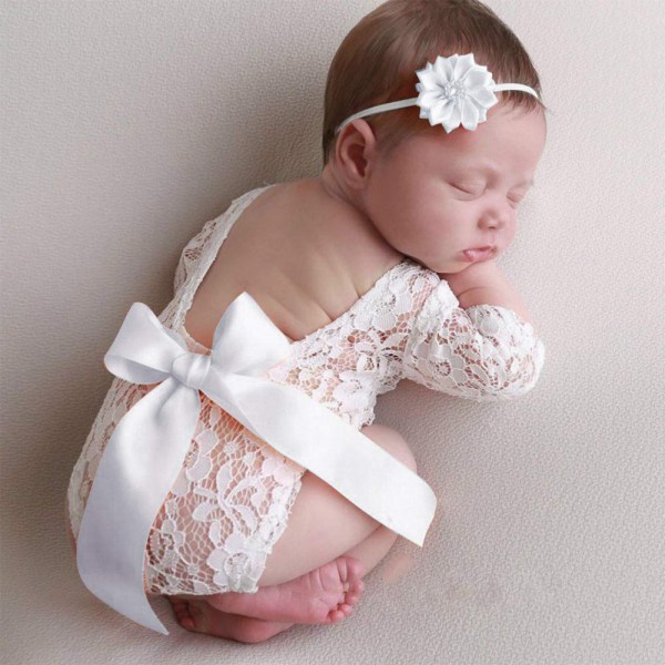 Nyfødt baby blonder-rompers fotografirekvisitter med sløyfehodeplagg S