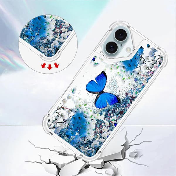 For iPhone 16 Plus TPU-deksel med kvikksand og mønstertrykt blå sommerfugl