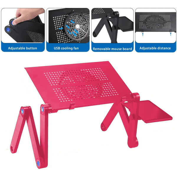 Upgraded Aluminum Laptop Stand Adjustable with Cooling Fan and Mouse Pad Rose red