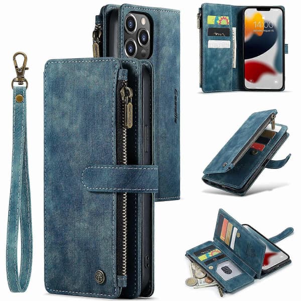 Fodral för iPhone 13 Mini Blå Multi-karat Dragkedja Läder Retro Multifunktionell Kortplånbok Nr7077