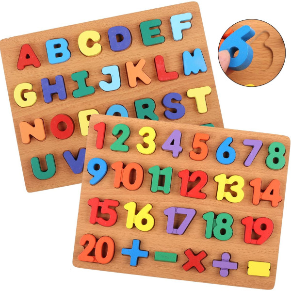 Trä alfabet pussel och nummer pussel Set för småbarn, ABC