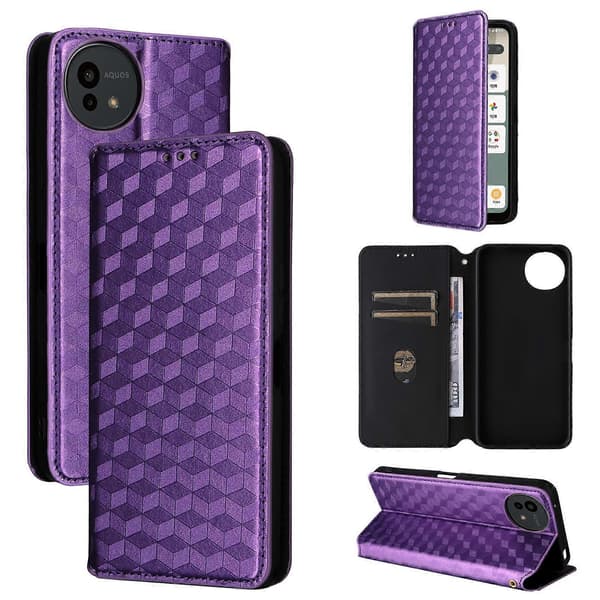 Cubic Grid Texture Flip Läderfodral till telefon (Lila, för Sharp Aquos wish5)