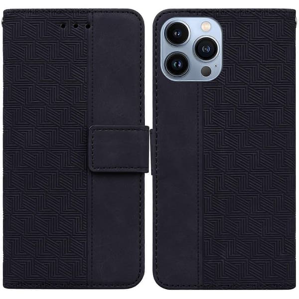 För iPhone 13 Pro Geometriskt präglat läderfodral Svart