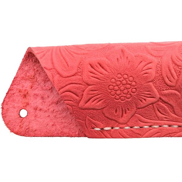 Vintage handgjorda läder dubbel case hållare snidad blomma Red
