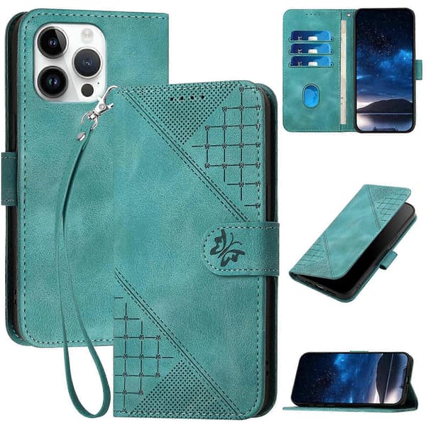 För iPhone 15 Pro Max Plånboksfodral i läder med fjärilsmönster och rem A