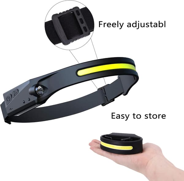 LED Hodelykt med 230° Belysning, Vanntett, 4 Moduser, Bevegelsessensor Hodelykt, USB Hodelykt for Fotturer, Løping, Fiske, Camping