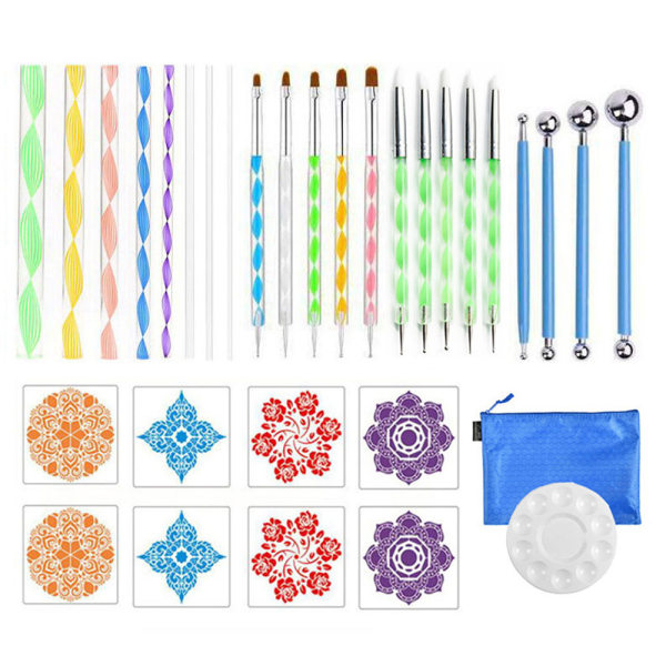 32 PCS Mandala Dotting Tools Stencil Set med glidelåslagring