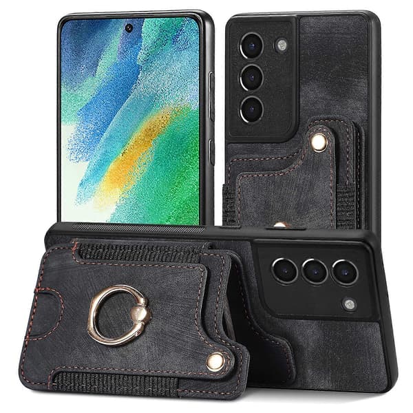 Til Samsung Galaxy S21 FE 5G Retro Skin-feel Ring Multi-kort Pung Telefoncover-Sort