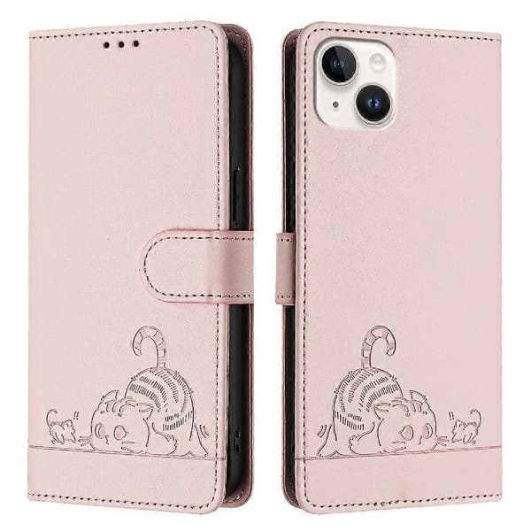 Etui til iPhone 15 Plus kortholder støtteben kat RFID pung flip cover pink