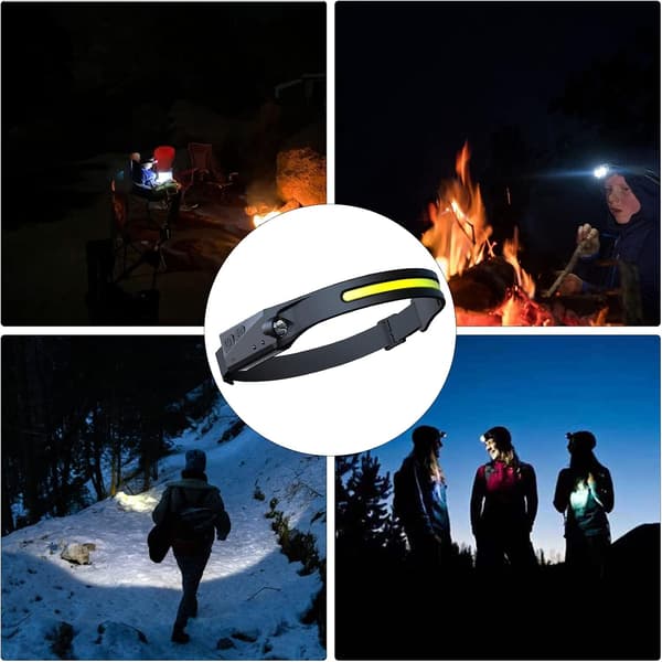 LED Hodelykt med 230° Belysning, Vanntett, 4 Moduser, Bevegelsessensor Hodelykt, USB Hodelykt for Fotturer, Løping, Fiske, Camping