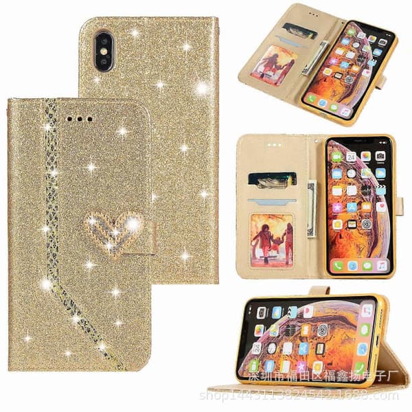 Etui til iPhone 13 Pro Max Guld Hjerte Slør Glitter Diamant Kortplads Pung Læder Nr. 14867 A