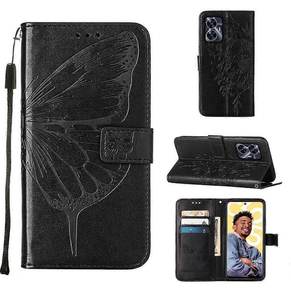 For Realme C55 preget sommerfugl skinntelefonveske