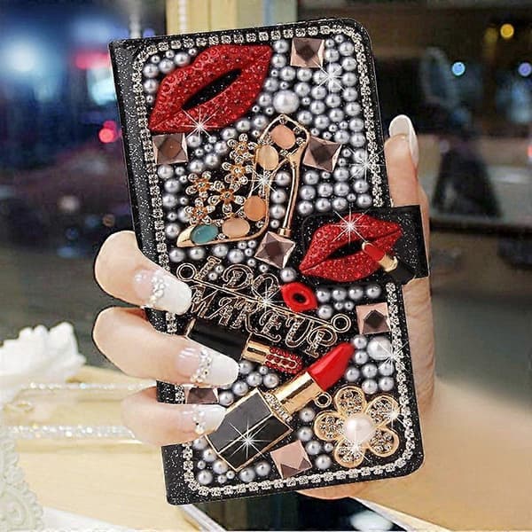 Etui til iPhone 13 Læbestift Læber - Sort Læder Fuld Rhinestone Kortplads No6093 A
