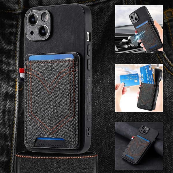 Etui til iPhone 13 Mini Sort Læder Kortholder Denim Slot No6708 A