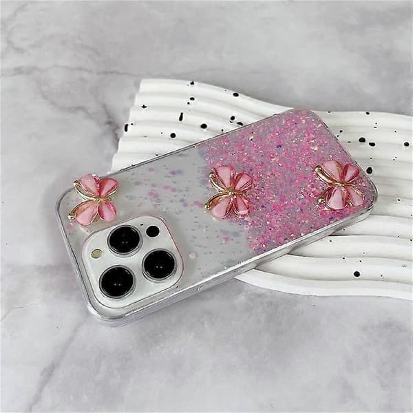 Kompatibel med iPhone 15 Pro-deksel Lysende Støtsikkert Epoxy TPU-telefondeksel 3D Sommerfugler A