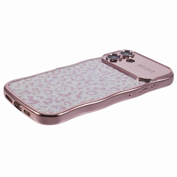 För iPhone 16 Skal Lockig Ram TPU Mobilskal Leopardmönster Glitter A