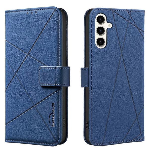 Geometrisk mønster RFID læder telefoncover (blå, til Samsung Galaxy S23+ 5G)