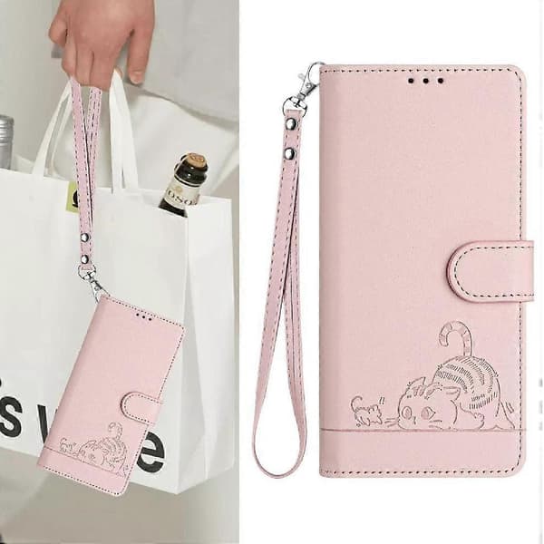 Etui til iPhone 15 Plus kortholder støtteben kat RFID pung flip cover pink