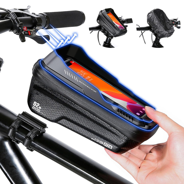 Polkupyörän runkolaukku 3D-aurinkosuojalla, vedenpitävä matkapuhelinteline polkupyörä, polkupyörälaukku ohjaustankolaukku polkupyörä 0,25 mm kosketusnäytöllä ja sateenkestävä