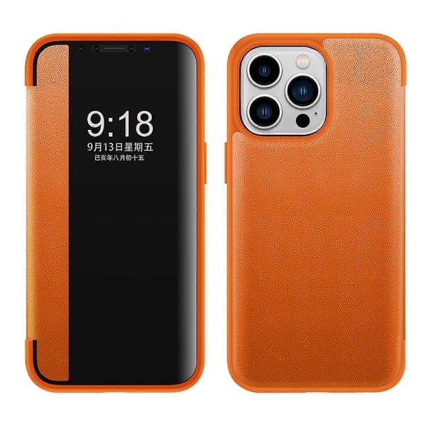 Kotelo iPhone 13:lle Danxia Orange Plain Leather Texture Flip Window Anti-fall Soft No4154 A