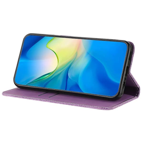 Til iPhone 16 etui med præget blomst, pung og stander i læder A