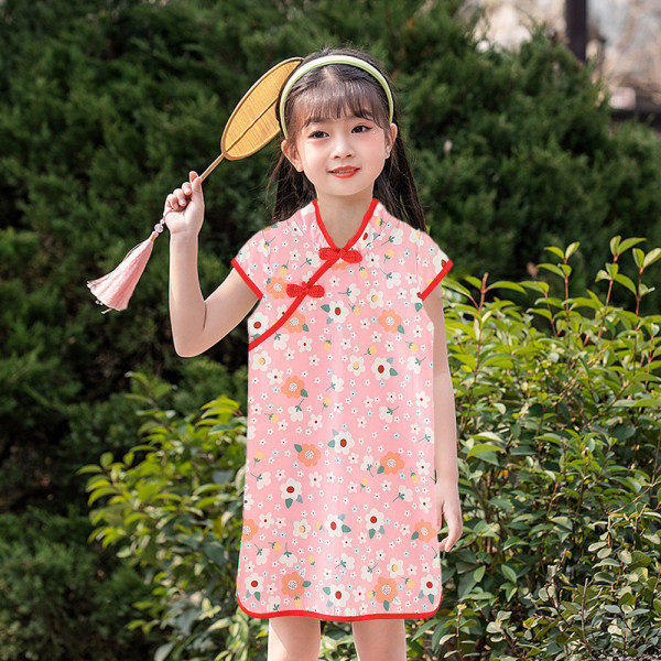 Qipao Cheongsam kjole til piger, sommerternet og blomstret til små piger