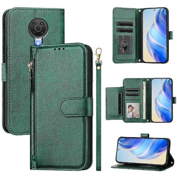 Flip-etui til Nokia G10 lynlås PU-læder magnetisk kortholder grøn