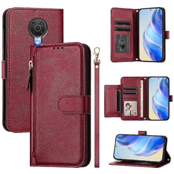 Flip-etui til Nokia G10 lynlås PU-læder magnetisk kortholder rød