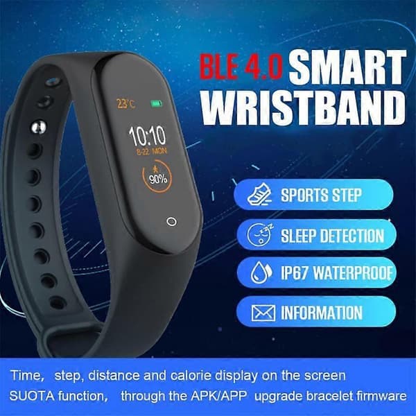 M4 Smart Band Armbånd IP67 Vanntett Blodtrykk/Pulsmåler/Skritteller
