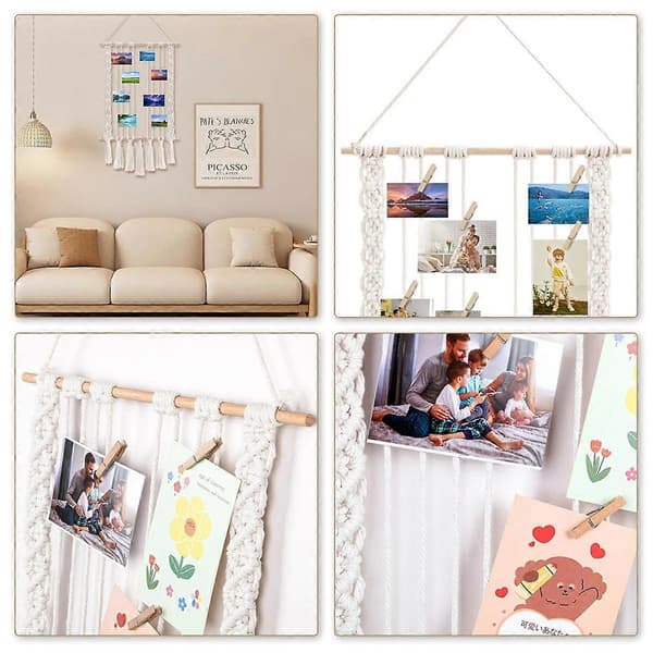 Hängande fotodisplay med 30 träklämmor Makramé Väggupphängning Bildhållare Collage Bildram för Boho-inredning A