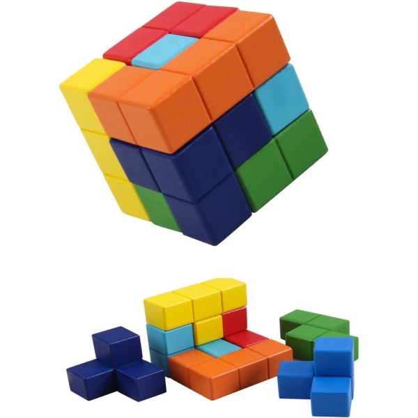 Hjärnteaser i trä, 3D Tetris Tangram-pussel med 7 färgglada kuber Pusselspel för vuxna barn