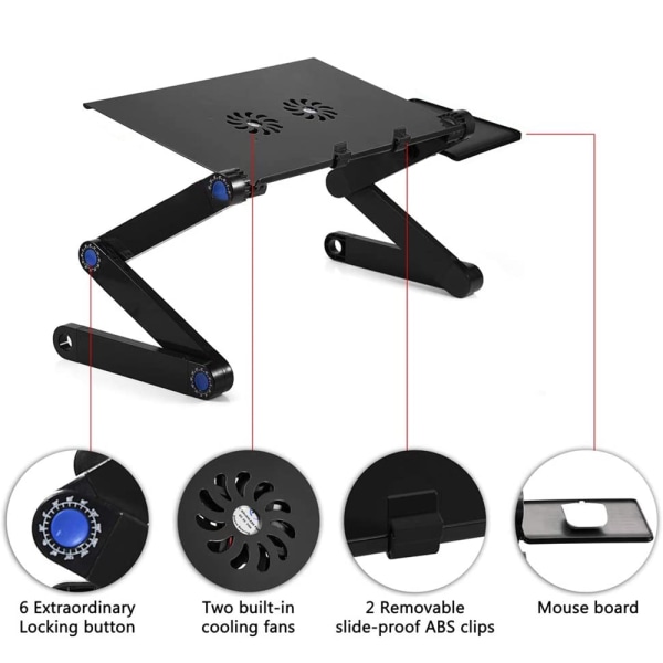 Adjustable Laptop Stand f Foldable Laptop Stand for Bed with 2 CPU Cooling Fans & Mouse Pad Black