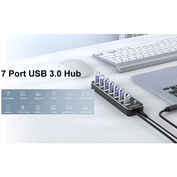 USB 3.0 Hub, 7-Port USB Hub USB-adapter med individuelle tænd/sluk-knapper