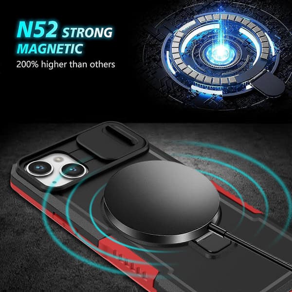 Til iPhone 14 Plus-deksel med skyvbart kameradeksel, støtte og magnetisk telefonskall A