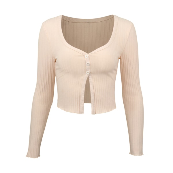 Button Front V Neck Long Sleeve Knit Crop T-Shirt Tee