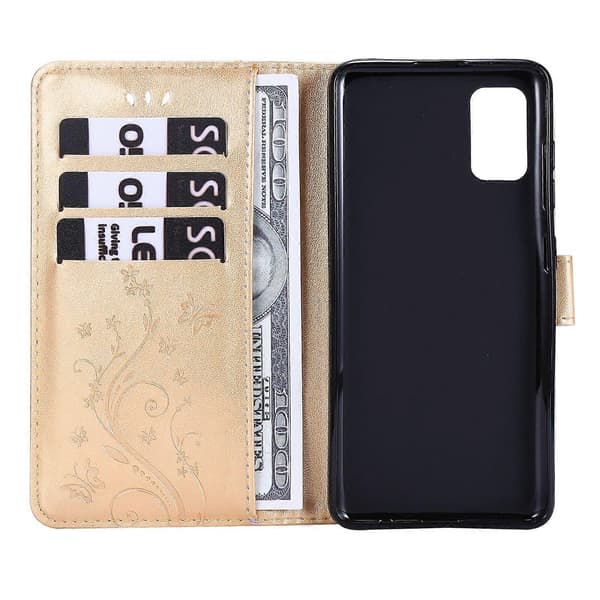 Prægede sommerfugle pung stand flip læder telefoncover til Samsung Galaxy A41 (Global Version) - (Guld)