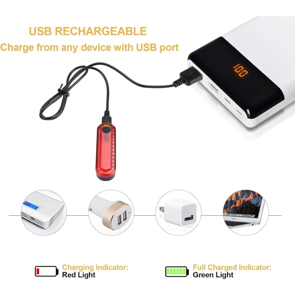 USB oppladbart LED-sykkelbaklys 2-pakning, lyssterk sykkelbak
