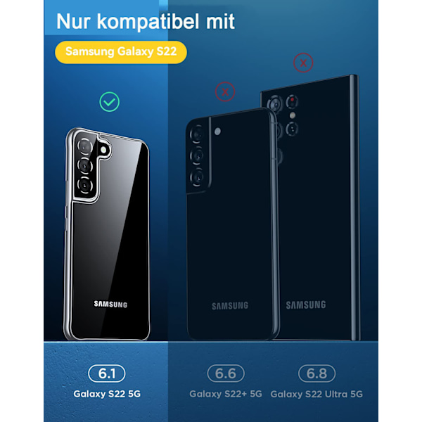 Samsung Galaxy S22+krystall gjennomsiktig mobiltelefondeksel [anti gulning] tynt hardt deksel til PC-mobiltelefon [rammeløs sidedesign] ripesikkert