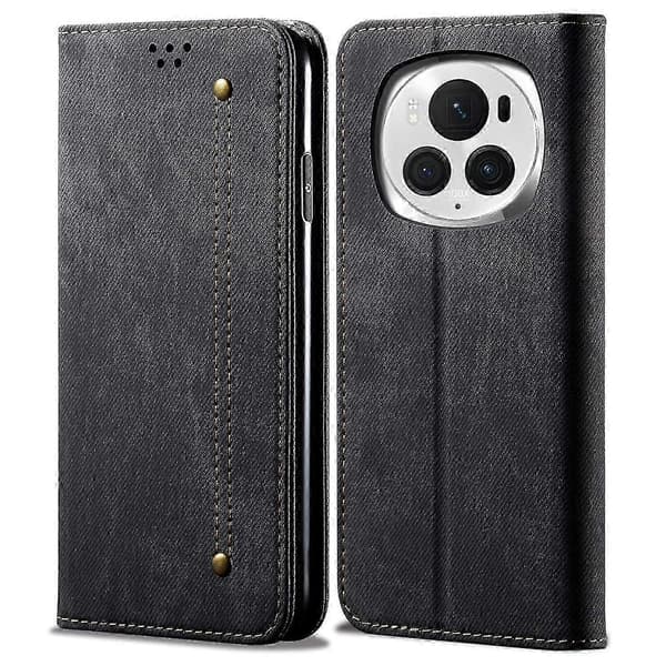 För Honor Magic6 Pro 5G Läderfodral Plånboksfodral Telefonfodral Jeans Tyg Textur - KhakiSvartStil D Honor Magic6 Pro 5G