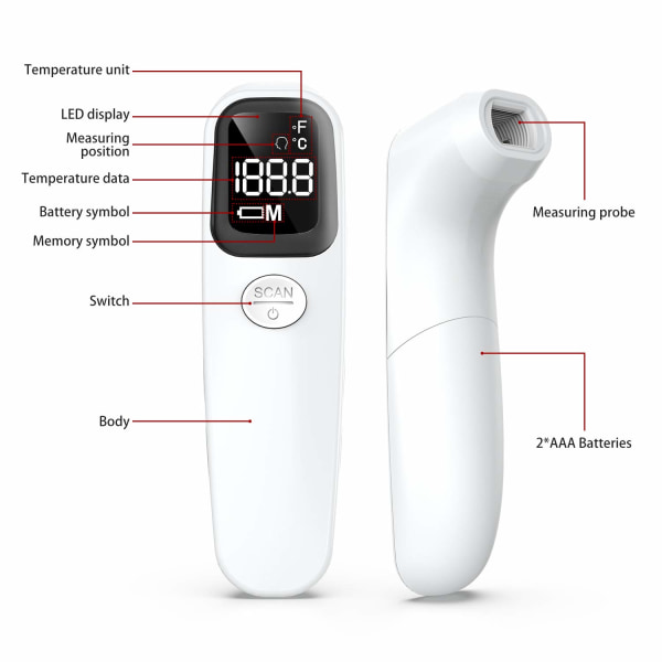 Infraröd termometer för panna, kontaktfri termometer med omedelbar noggrannhetsavläsning, feberlarm och minne