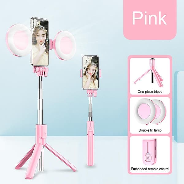 Selfie Stick Stativ med Ringlys Fjernudløser Justerbart Stativ Telefonholder Sort/Pink A