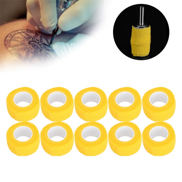 10 st Cohesive Tattoo Grip Cover Wrap Bärbar Tattoo Handtag Elastiskt Bandage Tejp Tillbehör Gul