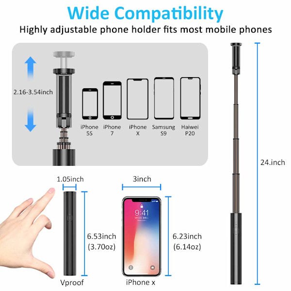 Selfie Stick-stativ, alt-i-ett-utvidbar Bluetooth Selfie Stick med trådløs fjernkontroll for iPhone Xs/Xs Max/XR/X/8, Galaxy S10/9/8/Note,