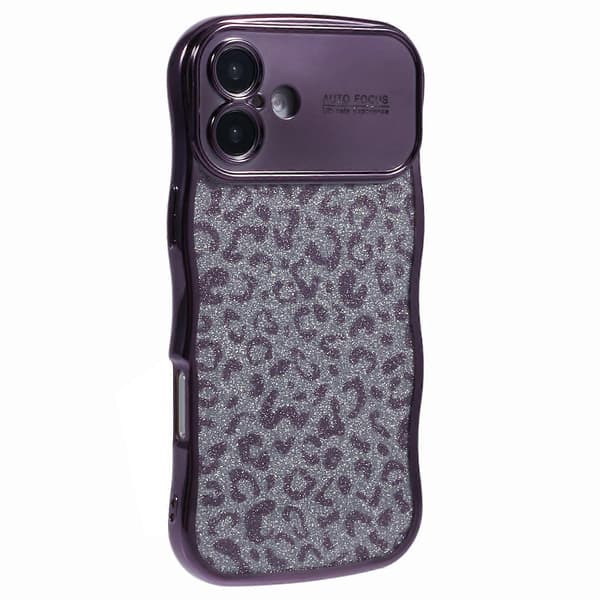 Til iPhone 16 etui krøllet ramme TPU telefoncover leopardprint glitter A