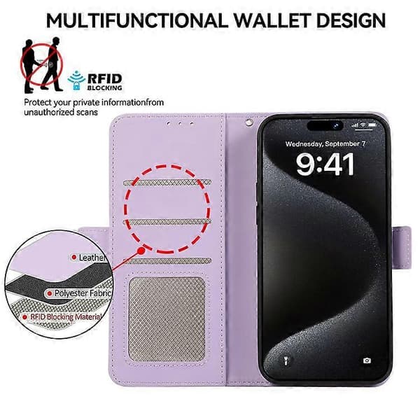 ABEEL Kompatibel med iPhone 16 Stativfodral RFID-blockerande Läderplånboksfodral Lila