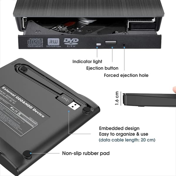 Ekstern CD DVD +/-RW-stasjon USB 3.0 bærbar USB DVD/CD ROM-brenner optisk stasjon spiller leser skriver bærbar PC stasjonær datamaskin, Mac MacBook Pro/Air,